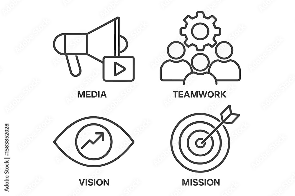 Poster business management icon set. thin line icons for web and mobile. core values concepts like media, t