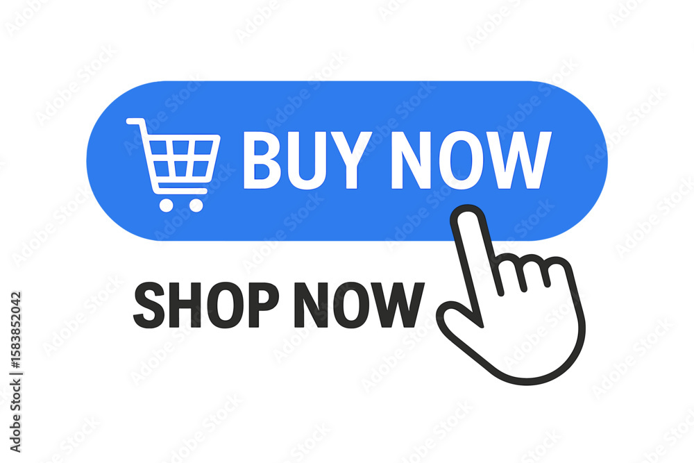Poster buy now button with shopping cart icon and hand pointer cursor clicking. shop now call to action con