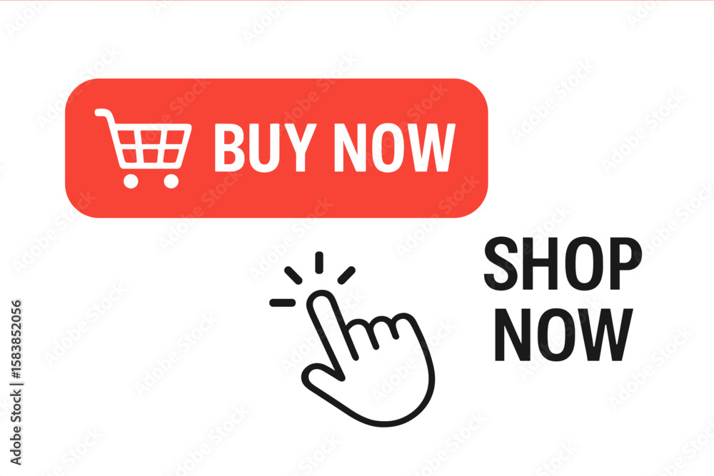 Poster buy now button with shopping cart icon and shop now call to action. click here cta with hand pointer