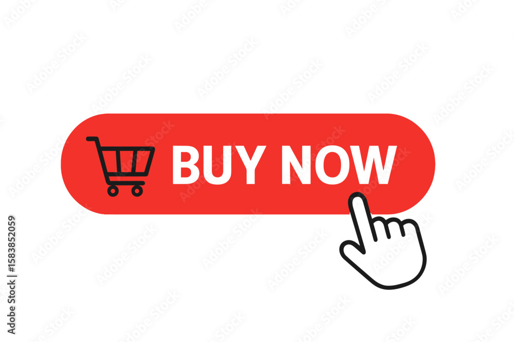 Poster buy now button with shopping cart icon and hand cursor pointer. click here call to action for online