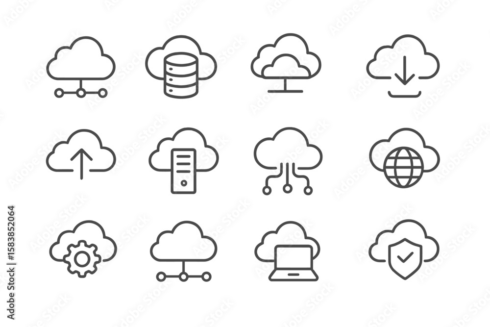 Poster cloud computing web icon set in thin line style. collection of cloud service and network linear icon