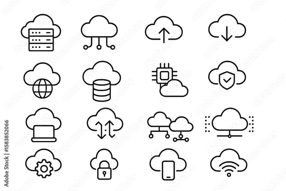 Aufkleber cloud computing web icon set. thin line style symbols collection. cloud service, network, server, da