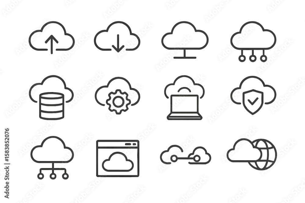 Fototapete Cloud computing web icon set in modern line style. Collection of linear pictograms for cloud service and network technology. Includes server, database, security and hosting.