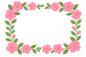 Fototapeta premium Pink Flower Frame Border with Green Leaves, Floral Decorative Frame, Isolated Transparent Background, Vector Illustration and PNG, Botanical Design Element for Cards and Invitations