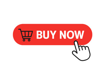 Buy now button with shopping cart icon and hand cursor pointer. Click here call to action for online shopping and e-commerce. Web design element for websites and apps.