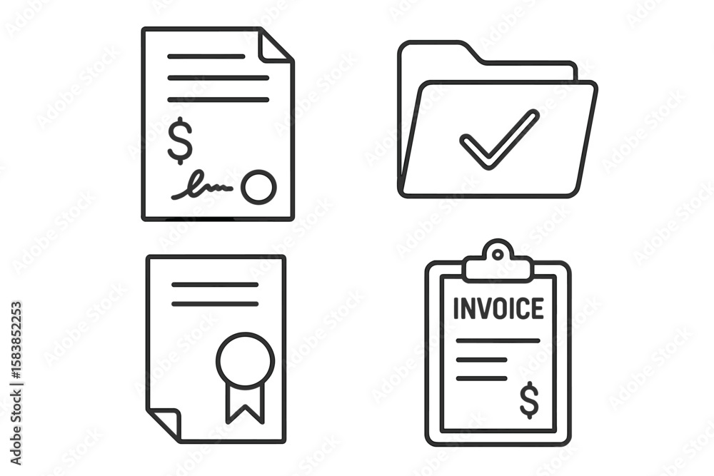 Poster document icon set in thin line style. business and finance linear icons collection. includes contrac