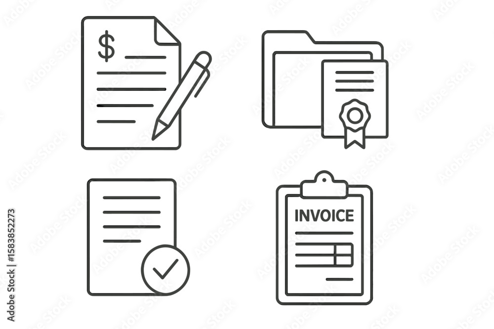 Poster document icon set in thin line style. business and finance linear icons. contract signing, folder wi