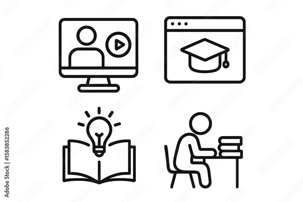 Poster e-learning and online education line icon set. vector icons for web and mobile. concepts: video tuto