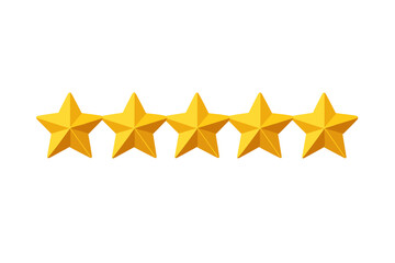 Golden 3D Five-Star Rating, Shiny Stars Symbolizing Best Quality, Product and Service Review, Transparent PNG and Vector Illustration for High-Quality Feedback