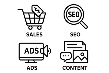Digital marketing line icon set. Concepts of sales, e-commerce, SEO, advertising, and content. Vector symbols for web design, business promotion, and mobile apps.