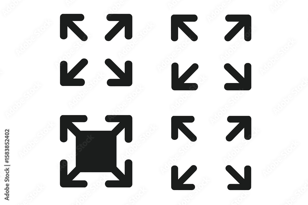 Poster full screen and exit full screen vector icon set. four scalable black arrow icons for expand, minimi