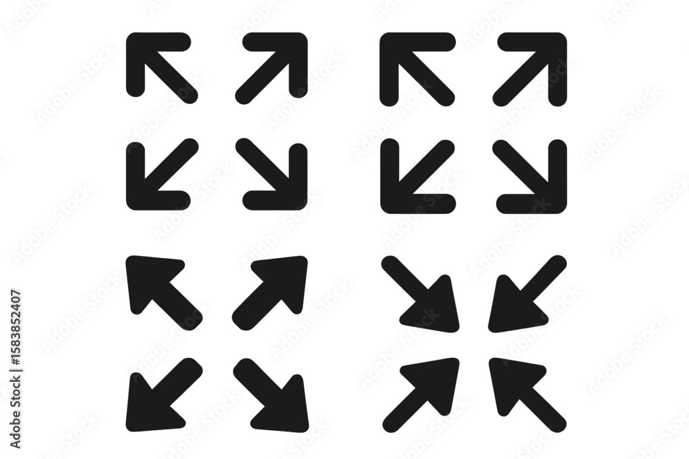 Poster modern full screen and exit full screen arrow icons set. expand and minimize corner arrows. scalable