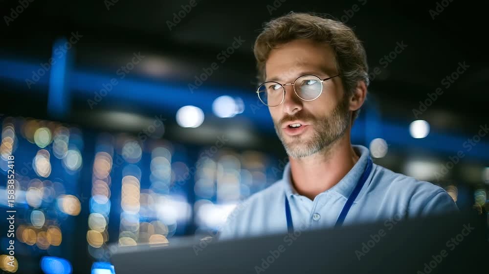 Poster male technician performs a system reboot on a hardware terminal with illuminated biometric locks, se