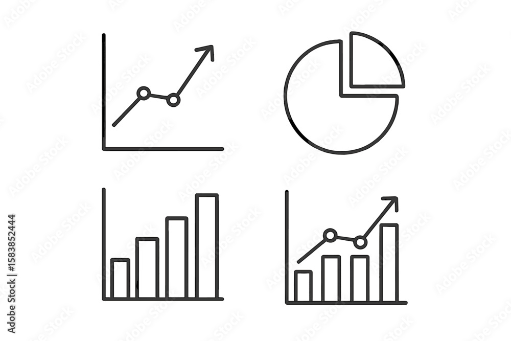 Poster set of 4 minimalist line style graph and chart icons for business analytics, infographics, data visu