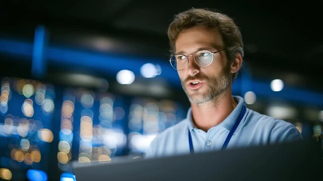 Male technician performs a system reboot on a hardware terminal with illuminated biometric locks, server lights flashing behind him as the systems reset
