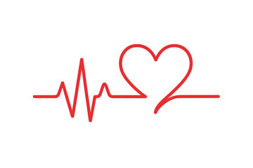 Heartbeat Line Art with Heart Shape, Red ECG Pulse, Love Symbol, Medical Healthcare Concept, One Line Drawing, Vector Illustration, Isolated on White, Transparent Background