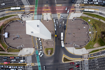Aerial view of the Obelisk of Buenos Aires and 9 de Julio Avenue in the center of the city. The...