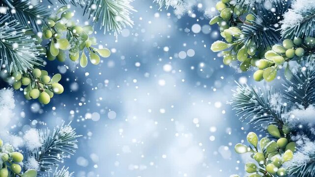 A winter scene with snow and green leaves. The snow is falling on the leaves, creating a beautiful contrast between the white snow and the green leaves. Concept of tranquility and peacefulness