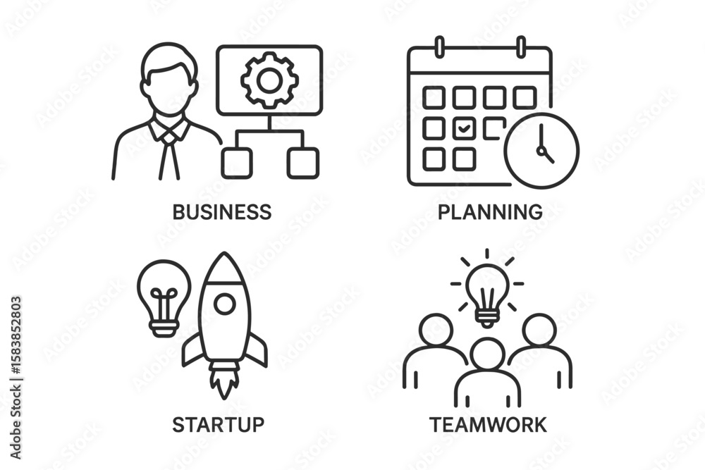 Poster business management and startup planning icons set. linear style web icons for project management, o