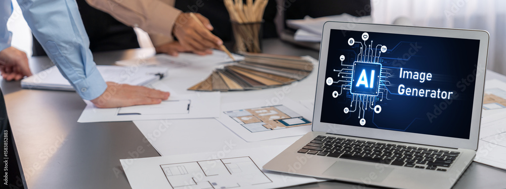 Poster group of interior architect designer discussing together on blueprint and laptop screen display arch