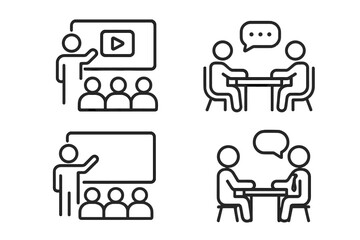 Business Meeting and Webinar Icon Set in Modern Line Style. Online Conference, Teamwork, Interview, Classroom, Communication, Presentation, Training, Collaboration, Corporate Web App Elements