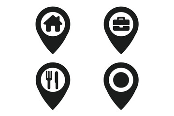 Set of map pin icons for home, work, and restaurant addresses. Location marker collection for GPS navigation. Point of interest vector symbols for travel and destination.