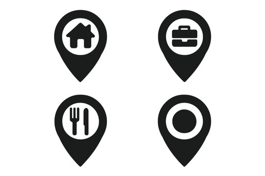 Set of map pin icons for home, work, and restaurant addresses. Location marker collection for GPS navigation. Point of interest vector symbols for travel and destination.