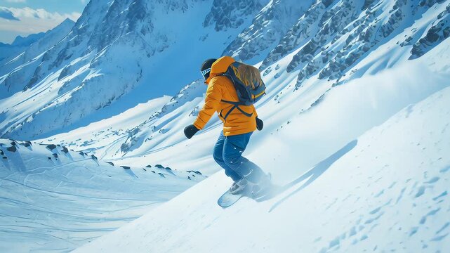 A man in a yellow jacket is snowboarding down a mountain. The snowboarder is in the middle of a jump, and the mountain in the background is covered in snow. The scene is dynamic and exciting