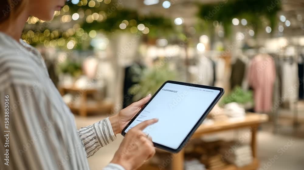 Aufkleber tablet close-up showing e-commerce app interface as employee selects delivery option in stylish appa