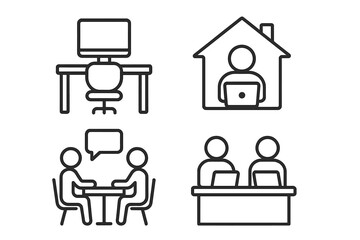 Modern Office and Remote Workspace Icons Set. Line Style Vector Illustrations of Desk, Home Office, Coworking, Team Meeting, Collaboration, Communication, Technology, Work Environment Concepts