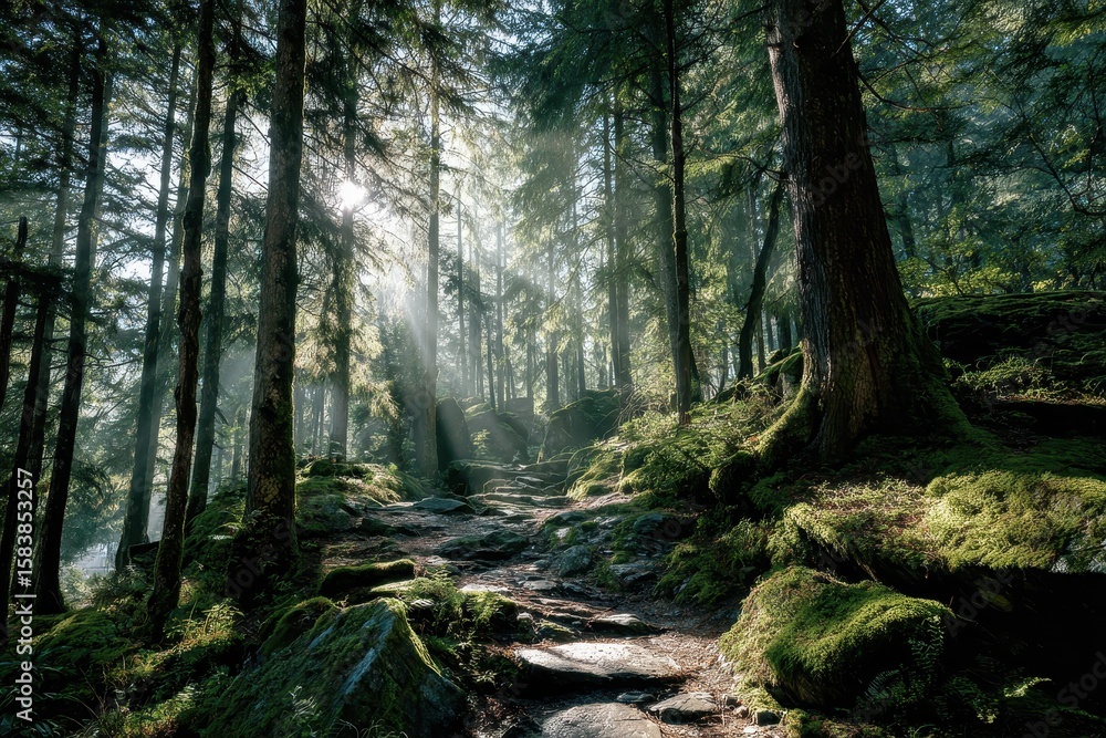 Poster path winding through a sunlit forest with lush greenery and soft shadows creating a serene atmospher