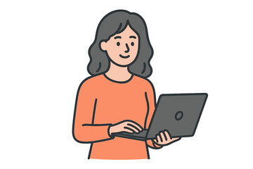 Woman Working on Laptop, Modern Flat Vector Illustration, Female Character in Orange Sweater, Remote Work, Digital Nomad, Online Learning, Freelance Professional, Technology Concept