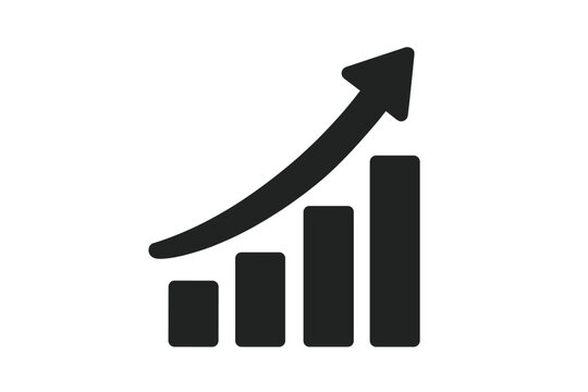Growing bar graph icon with arrow going up. Financial success and profit growth symbol. Business development and progress chart. Market trend and data analysis vector illustration.