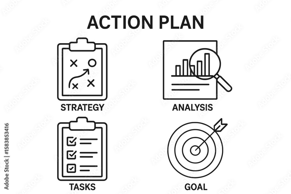 Poster action plan icon set for business strategy and development. thin line vector icons of goal, task man