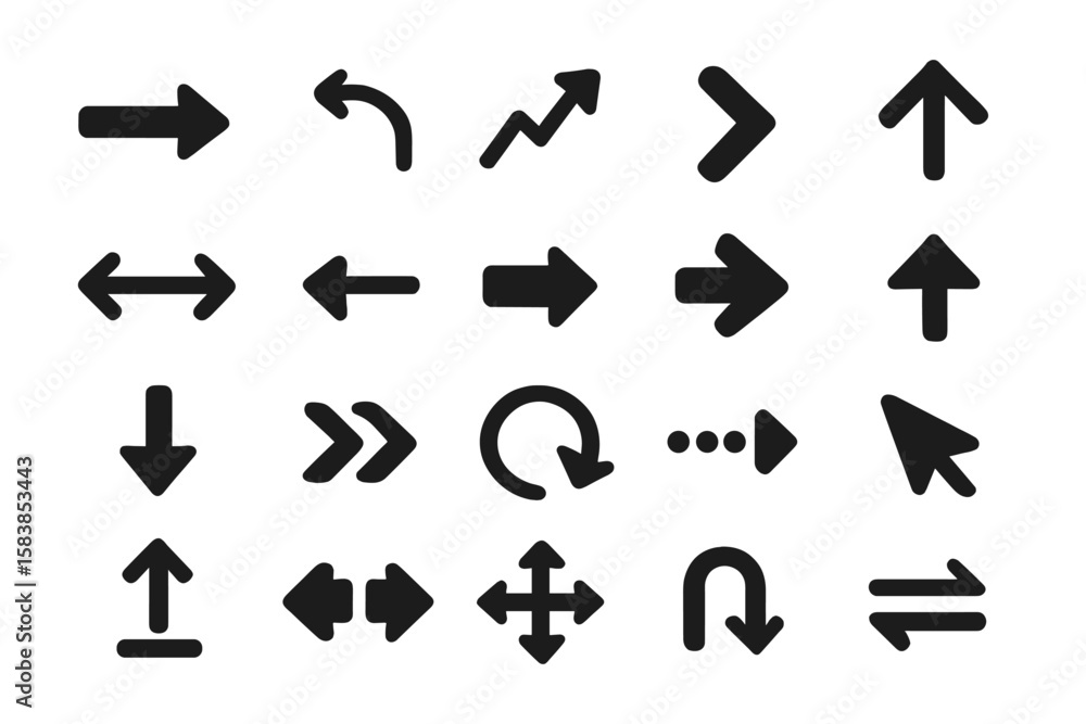 Poster black arrow vector icon set. collection of different arrow signs and cursor pointers for web design,