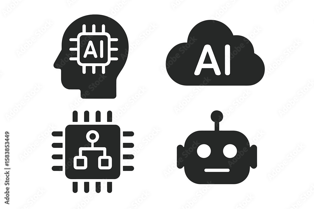 Poster artificial intelligence solid glyph icon set. ai technology concepts including machine learning, dig