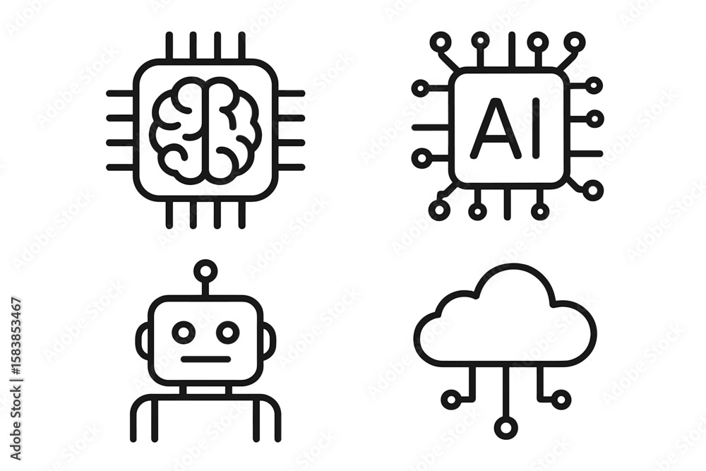 Poster artificial intelligence line icon set. ai technology, machine learning, chatbot, and cloud computing