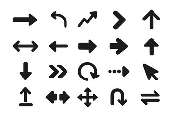 Black arrow vector icon set. Collection of different arrow signs and cursor pointers for web design, UI, UX, and app interface. Simple flat style direction symbols.