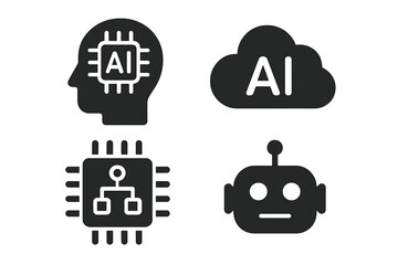 Artificial intelligence solid glyph icon set. AI technology concepts including machine learning, digital brain, cloud computing, processor algorithm, and smart robot head symbols.