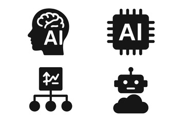 Artificial intelligence icon set of 4. AI technology icons for web and mobile app design. Machine learning, digital algorithm, smart robotic, and cloud computing concepts.