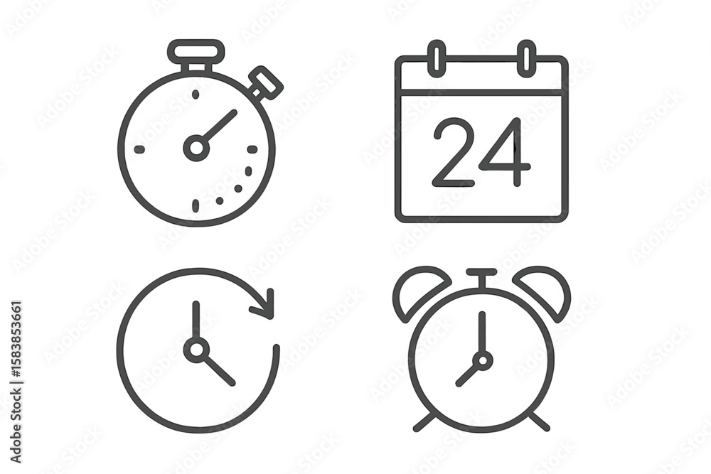 Poster time and date thin line icons set for web and mobile. clock, timer, calendar and alarm symbols. time