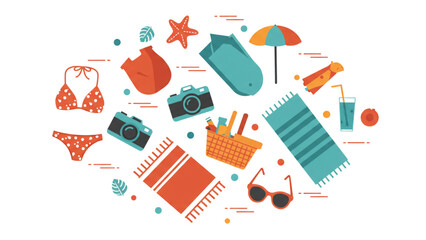 Vibrant beach day essentials displayed, offering a summery vibe perfect for travel themes, promotional graphics, and eye-catching design projects.