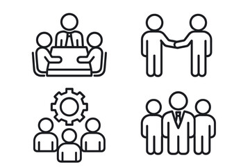 Business people line icon set. Teamwork, management, meeting, and agreement icons for web and mobile apps. Vector illustration for corporate workflow and collaboration.