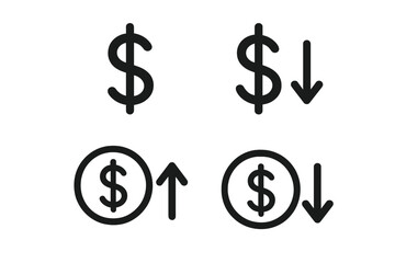 Dollar Currency Symbol with Up and Down Arrow Icons, Price Rate Change, Financial Growth and Decline, Money Coin Sign, Profit Loss, Business Finance Concept, Vector Isolated Graphic for Web App