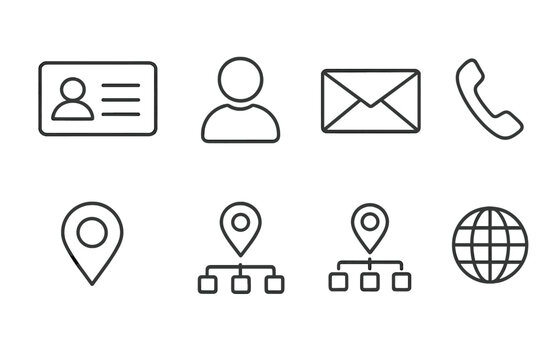 Business card contact information icons set. Thin line style symbols for communication. Vector icons for website, user profile, email, phone, and address location.