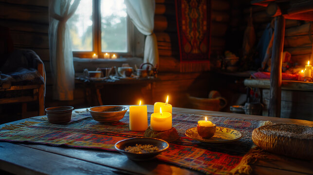 Cozy Slavic Candlelit Table Setting in Rustic Cabin Interior