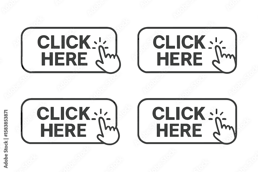 Aufkleber click here button vector icon set with hand cursor pointer. modern call to action (cta) for website 