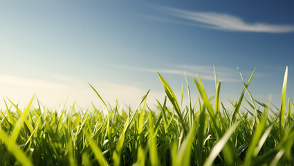 Obraz premium Vibrant young grass field with dewdrops in morning light