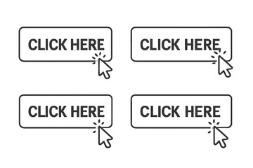Click here button set with computer mouse pointer cursor. Modern action button collection for website design and user interface. Web link symbol and icon vector illustration.