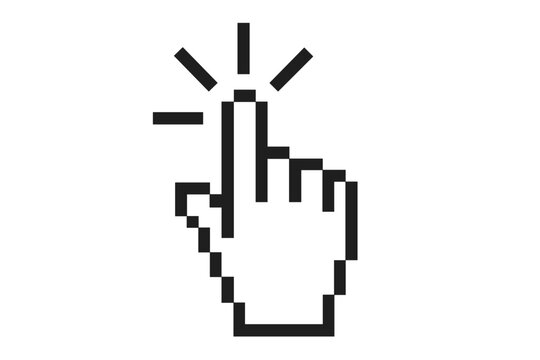 Click cursor vector icon. Computer mouse hand pointer symbol for web. Pixelated finger press or push button. Digital interface element for website link or selection.